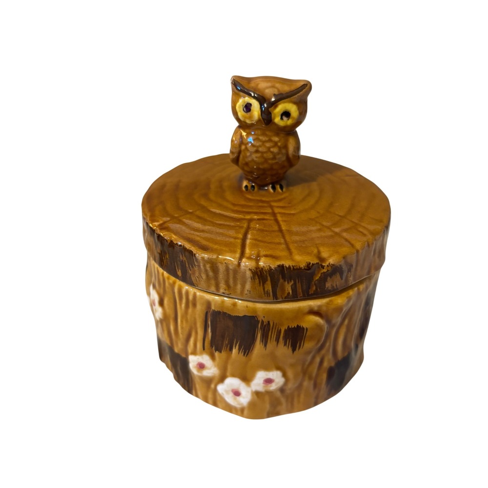 Japan Ceramic Owl Sugar Bowl Tree Stump Lidded Trinket Jar MCM 1950s-60s Kitsch